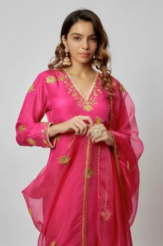 Hot pink hand embroidered kurta set