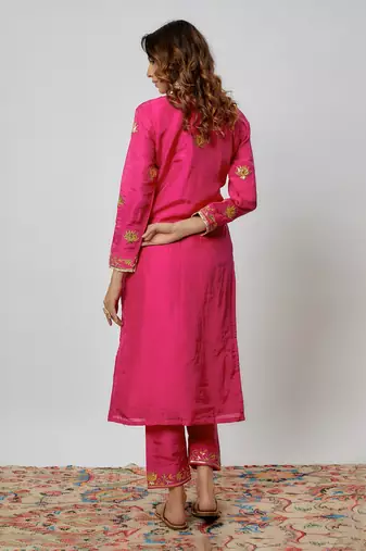 Hot pink hand embroidered kurta set