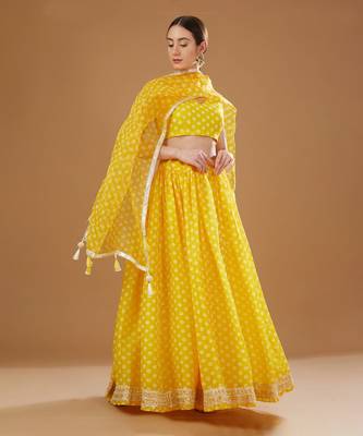 Yellow Bandhni Print Chanderi Lehenga Set 1