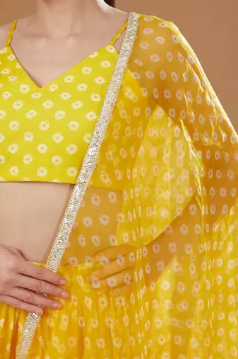Yellow Bandhni Print Chanderi Lehenga Set