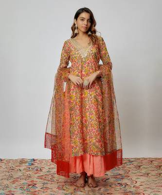 Multi colored printed chanderi kurta set 1