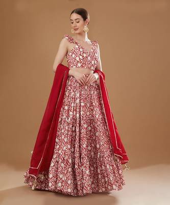 Ivory & Red Block Print Lehenga Set 1