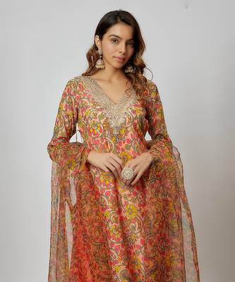 Multi colored printed chanderi kurta set 2
