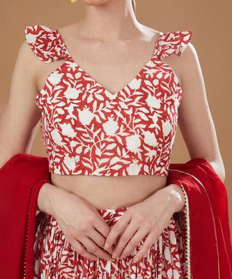 Ivory & Red Block Print Lehenga Set 2