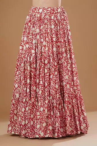 Ivory & Red Block Print Lehenga Set