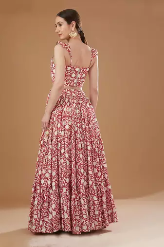 Ivory & Red Block Print Lehenga Set