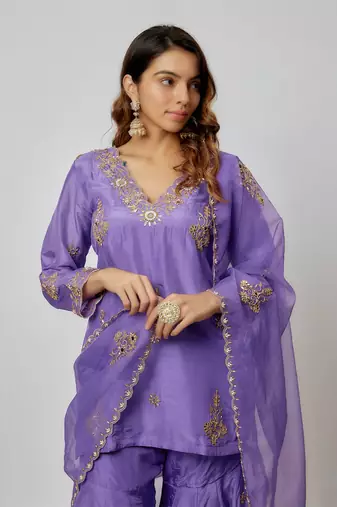 Voilet hand embroidered sharara set