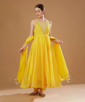 Yellow chanderi anarkali set 1