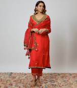 Red hand embroidered kurta set