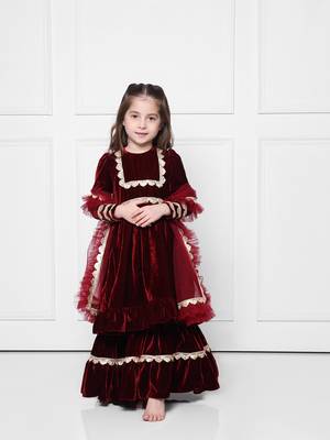 Maroon velvet suit with sharara 1