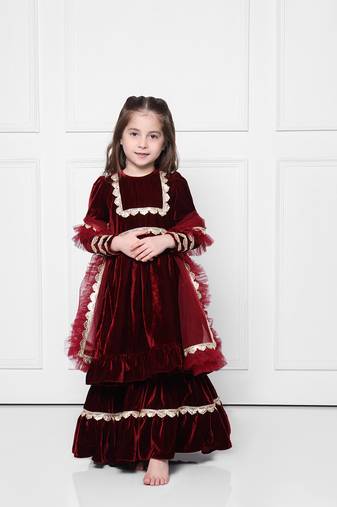 Maroon velvet suit with sharara