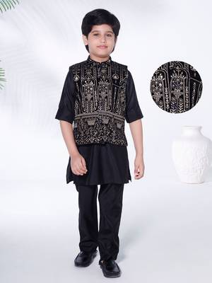 black full sleeves gold embriodered jacket with kurta pyjama set 1