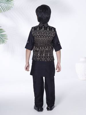 black full sleeves gold embriodered jacket with kurta pyjama set 2