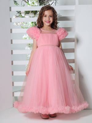 pink puff sleeves fit and flare solid party gown 1