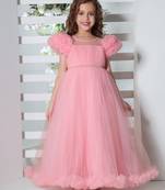 pink puff sleeves fit and flare solid party gown