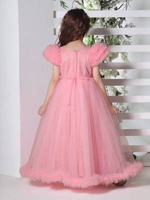pink puff sleeves fit and flare solid party gown 2