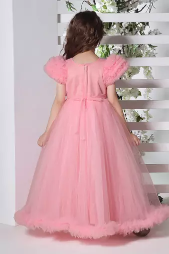 pink puff sleeves fit and flare solid party gown