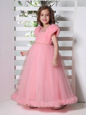 pink puff sleeves fit and flare solid party gown 3
