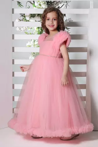 pink puff sleeves fit and flare solid party gown