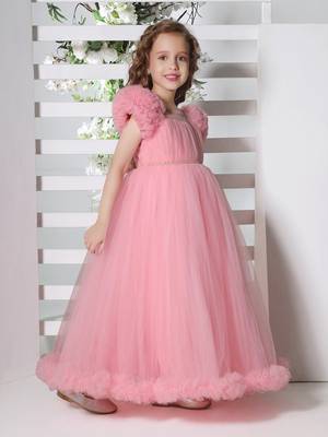 pink puff sleeves fit and flare solid party gown 4