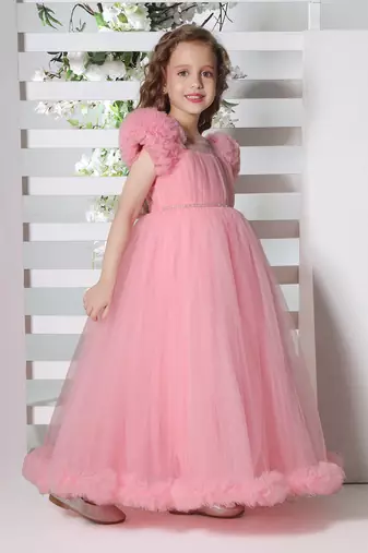 pink puff sleeves fit and flare solid party gown