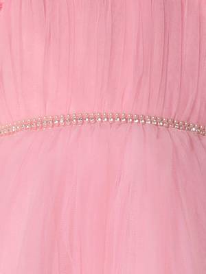 pink puff sleeves fit and flare solid party gown 5