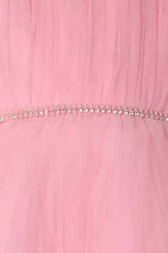 pink puff sleeves fit and flare solid party gown