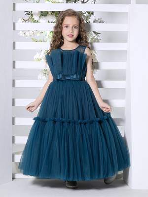 teal sleeveless solid tiered party gown 1
