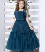 teal sleeveless solid tiered party gown