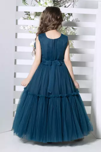 teal sleeveless solid tiered party gown