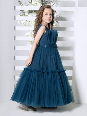 teal sleeveless solid tiered party gown 3