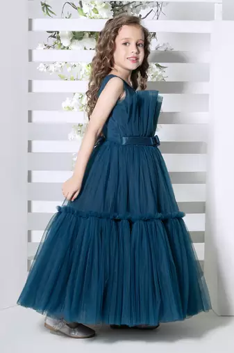 teal sleeveless solid tiered party gown