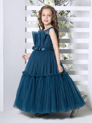 teal sleeveless solid tiered party gown 4