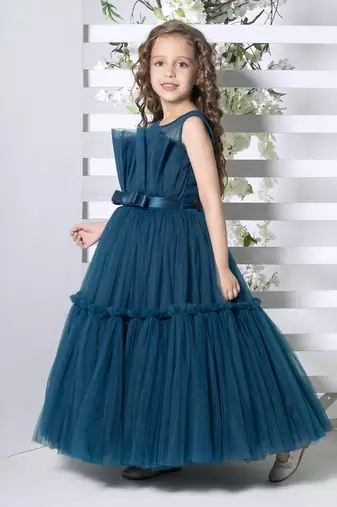 teal sleeveless solid tiered party gown