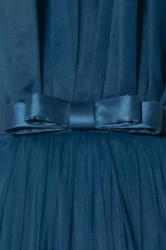 teal sleeveless solid tiered party gown