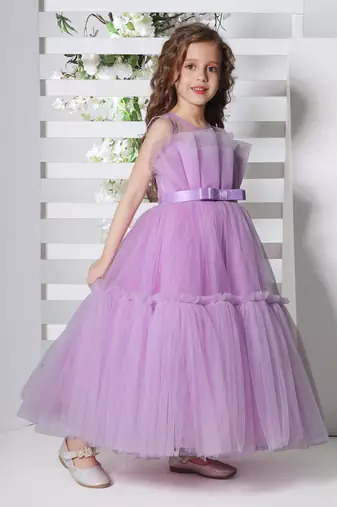 lilac sleeveless solid tiered party gown