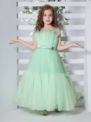 sea green sleeveless solid tiered party gown 1