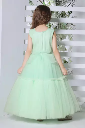 sea green sleeveless solid tiered party gown