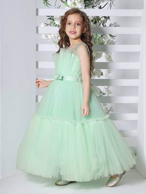 sea green sleeveless solid tiered party gown 3