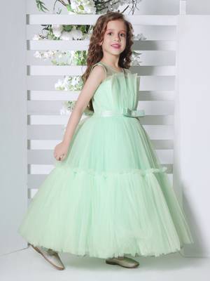 sea green sleeveless solid tiered party gown 4