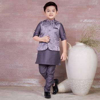 mauve self design viscose kurta pyjama and jacket set for boys 1