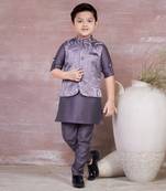 mauve self design viscose kurta pyjama and jacket set for boys