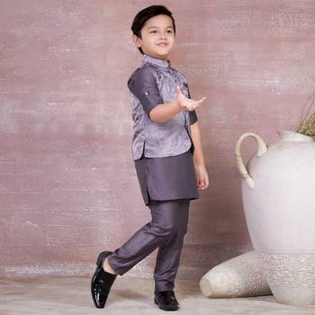 mauve self design viscose kurta pyjama and jacket set for boys 2