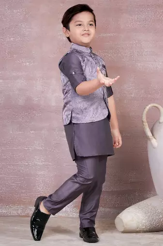 mauve self design viscose kurta pyjama and jacket set for boys