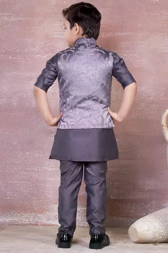 mauve self design viscose kurta pyjama and jacket set for boys