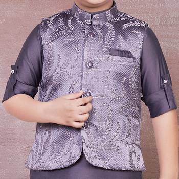 mauve self design viscose kurta pyjama and jacket set for boys 4