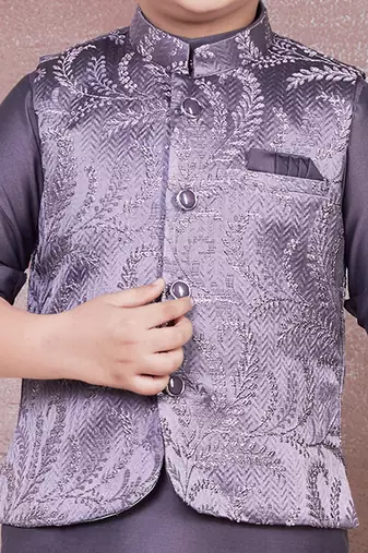 mauve self design viscose kurta pyjama and jacket set for boys