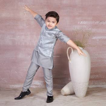 grey self design viscose kurta pyjama and jacket set for boys 1