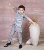 grey self design viscose kurta pyjama and jacket set for boys