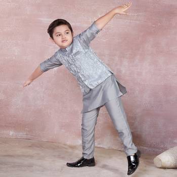 grey self design viscose kurta pyjama and jacket set for boys 2